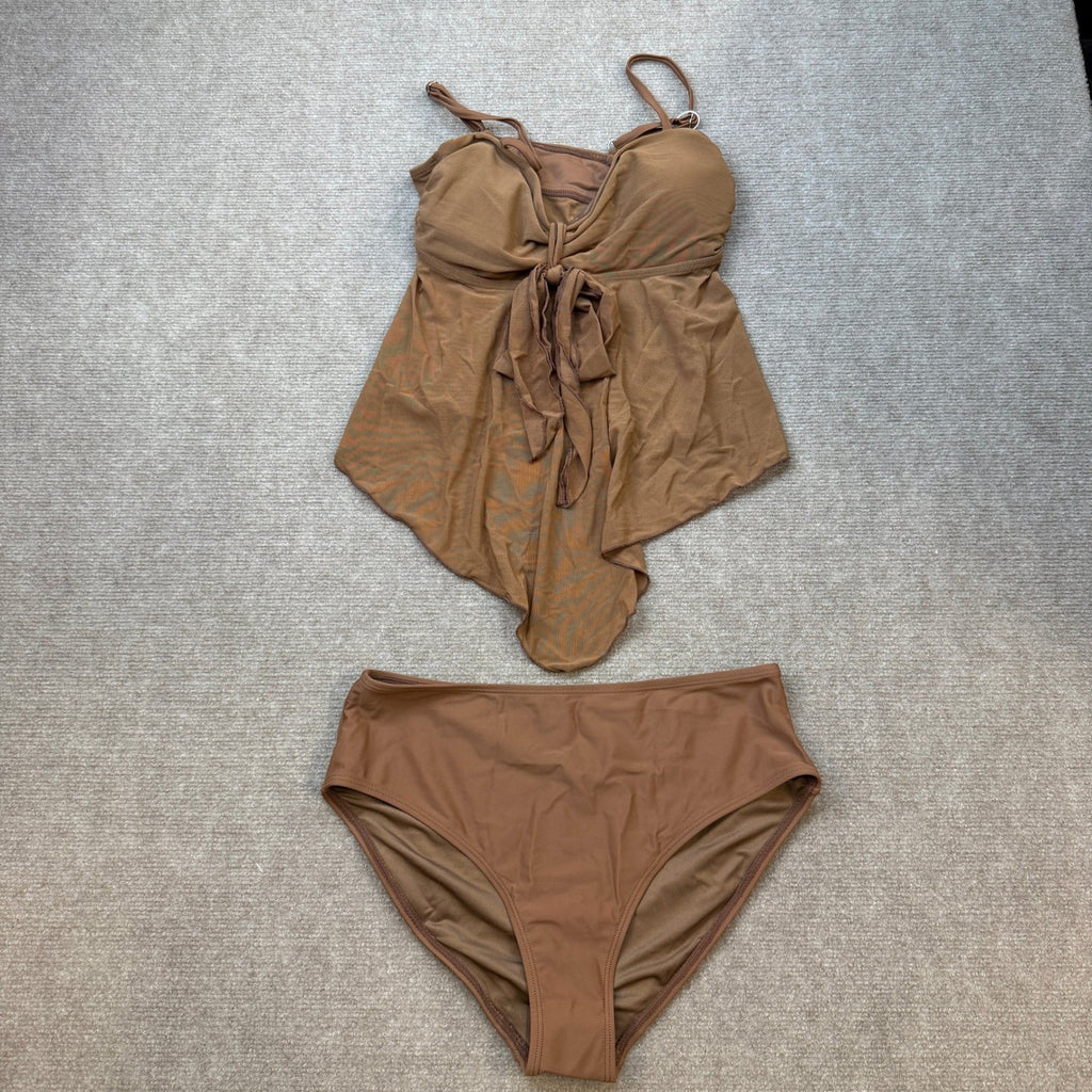 MSRP $52 B2prity Women's M Brown Tankini Swimsuit Tummy Control Flowy Mesh Top