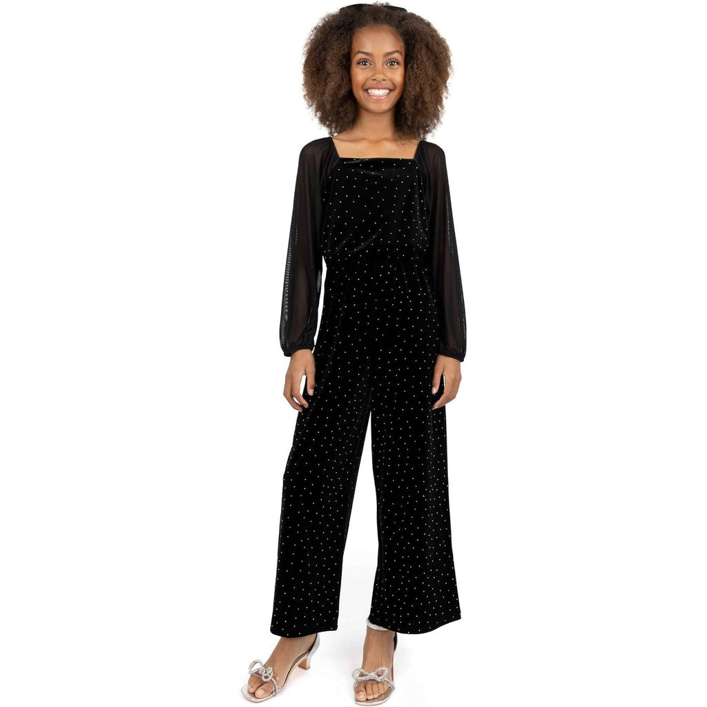 MSRP $74 Speechless Girls' 8 Black Velvet Pearl-Embellished Jumpsuit Long She