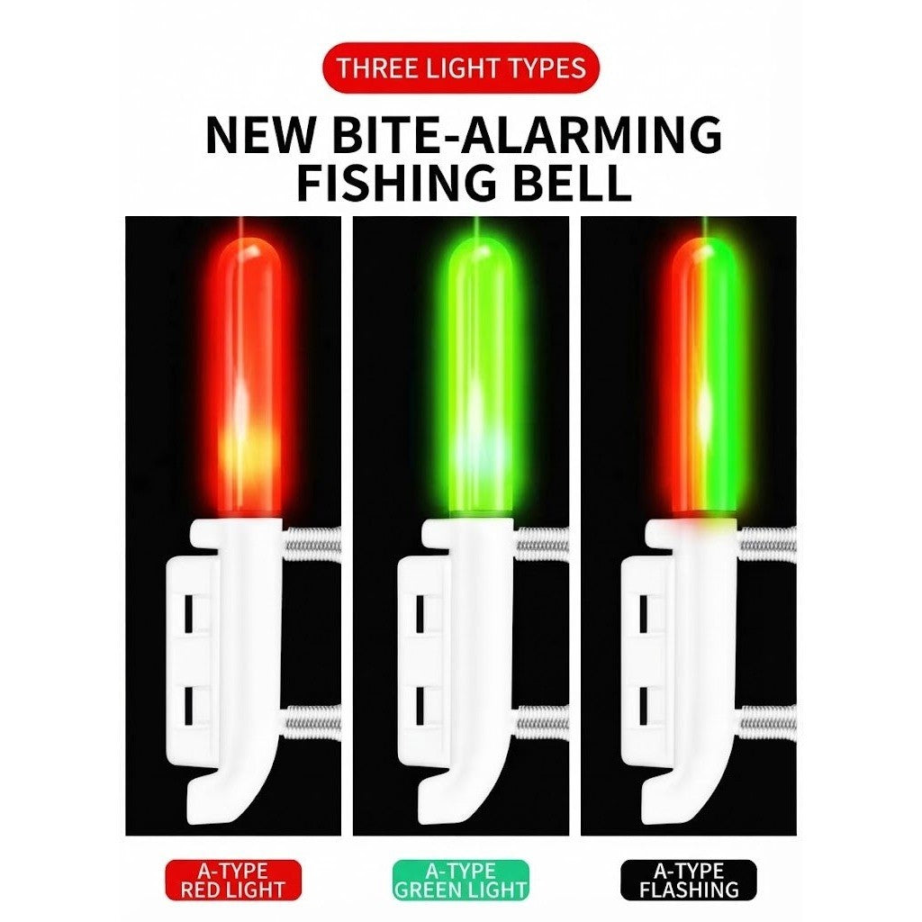 Set of 3 Fishing Rod Tip Lights LED Glow Sticks Bite Alarm Bells Red, Green
