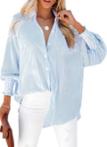 Women's Smocked Cuffed Striped Boyfriend Shirt with Pocket Casual Collar Long Sl