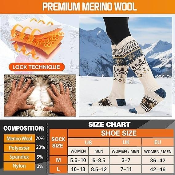 Set of 3 Welwoos L Merino Wool Ski Socks Knee High Thermal Winter Warm Thick