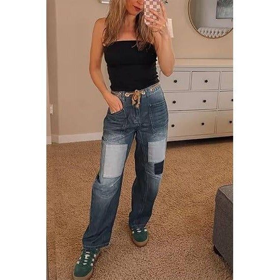 PLNOTME Womens 10 Blue Baggy Barrel Horseshoe Jeans Wide Leg Patchwork Low