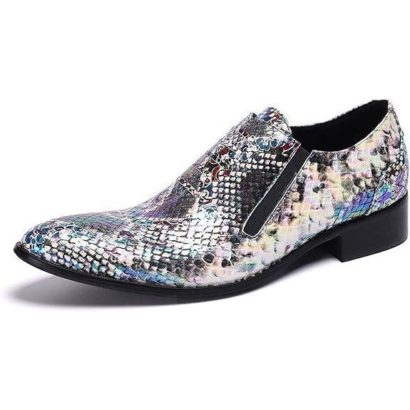Santimon Men's US 6 Multi Purple Snake Print Leather Slip On Loafers Dress Shoes