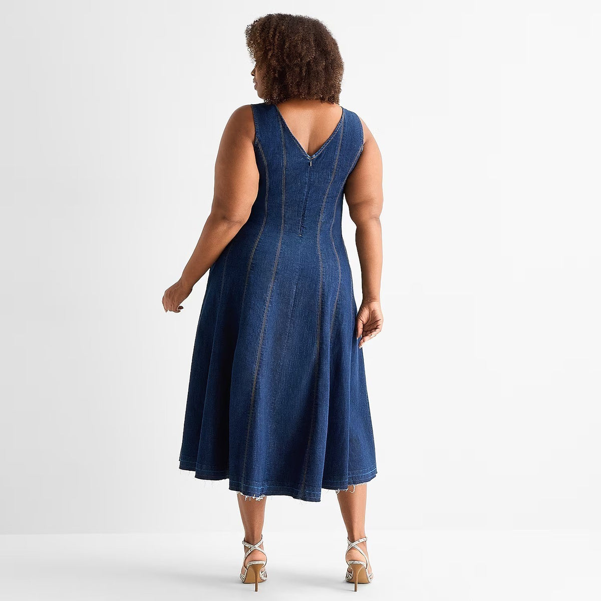 MSRP $90 Ashley Graham Womens 20W Rinse Denim V Neck Sleeveless A-Line Dress