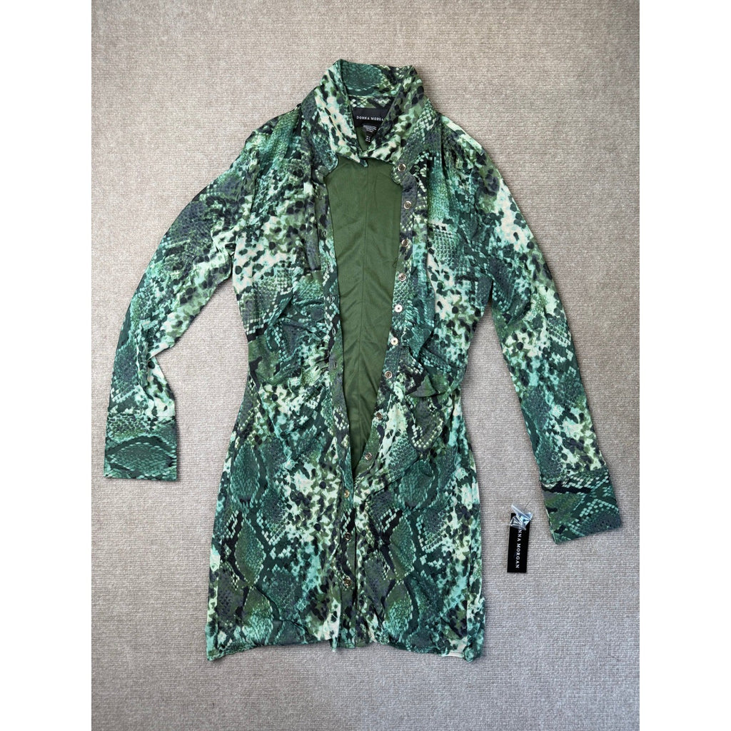 MSRP $89 Donna Morgan Womens 4 Eden Green Snake Print Button Down Shirt Dress