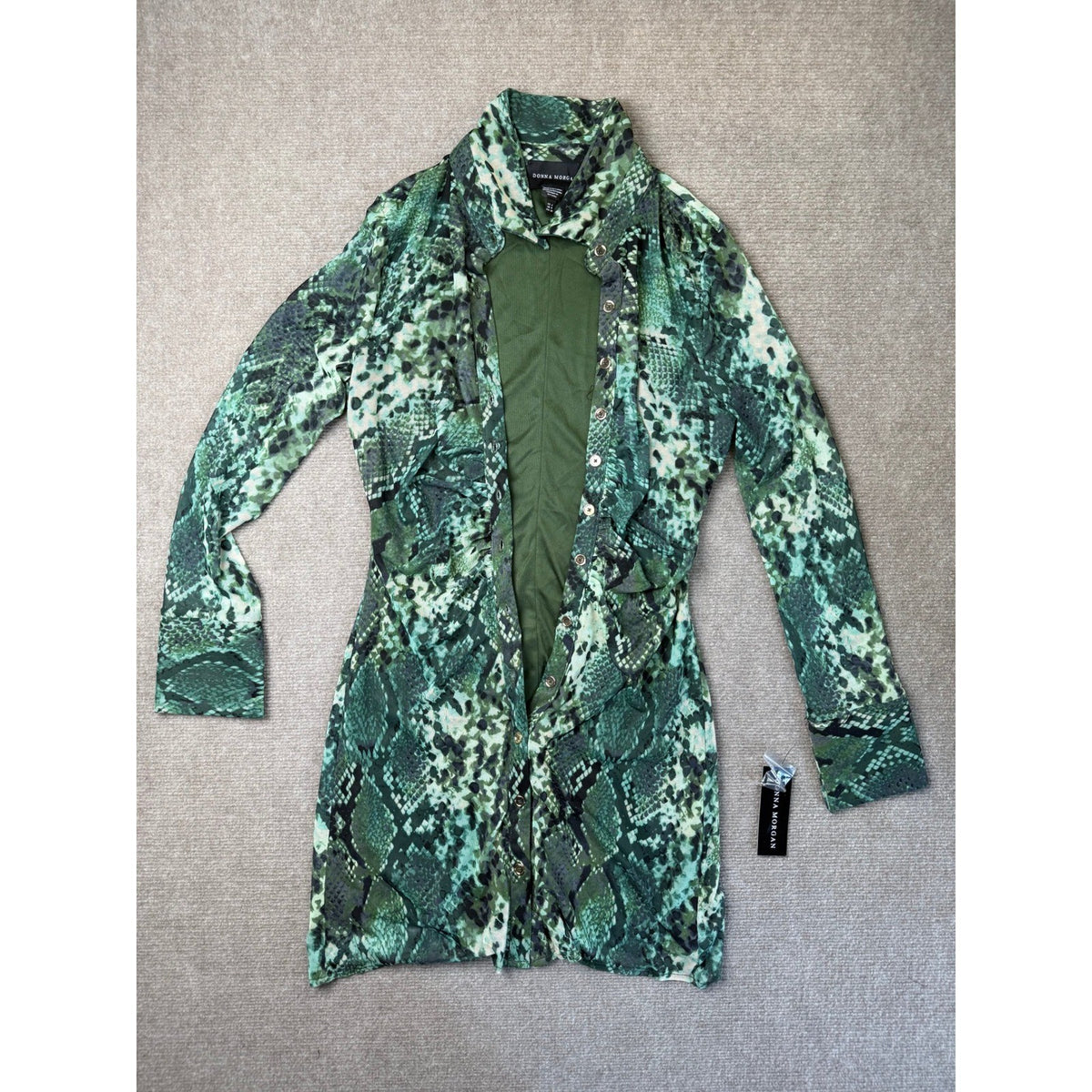 MSRP $89 Donna Morgan Womens 4 Eden Green Snake Print Button Down Shirt Dress
