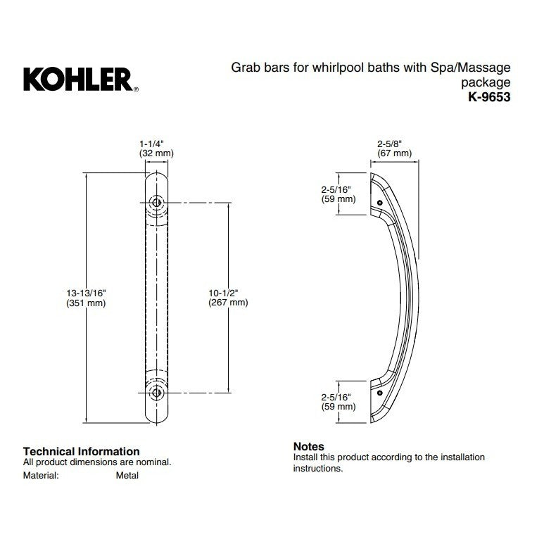 Set of 2 Kohler 9653-2BZ 10-1/2" Oil-Rubbed Bronze Grab Bars for K-1418, K-856