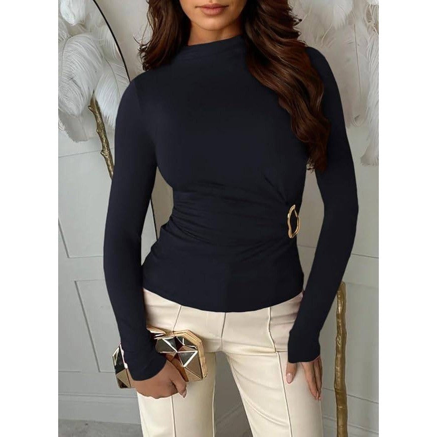 Pink Queen Women's M Long Sleeve Shirt Mock Neck Cinched Waist Fit Top Navy