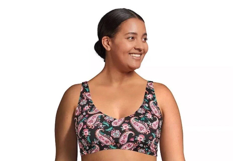 Lands' End Women's L, L LONG Black Paisley V Neck Smocked Bikini Top UPF50 This