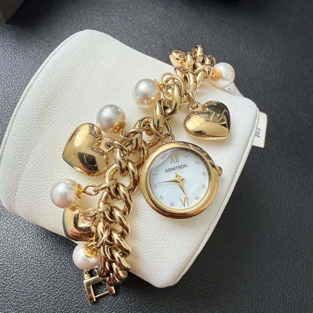 MSRP $85 Armitron 75/5578GP Gold Tone Charm Womens Crystal Bracelet Watch New