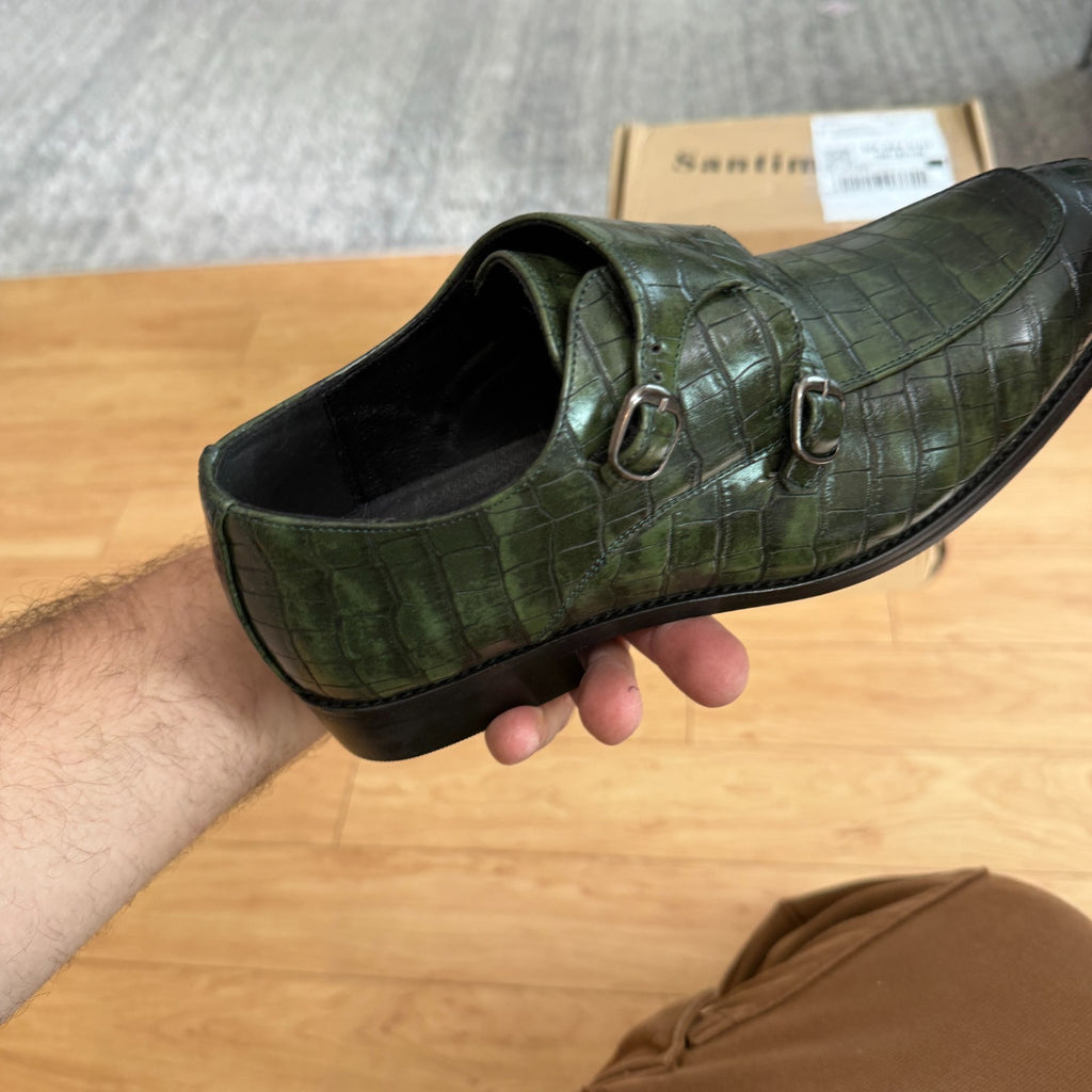 Santimon Men's US 7.5-8 Green Leather Double Monk Strap Slip on Loafer Shoes