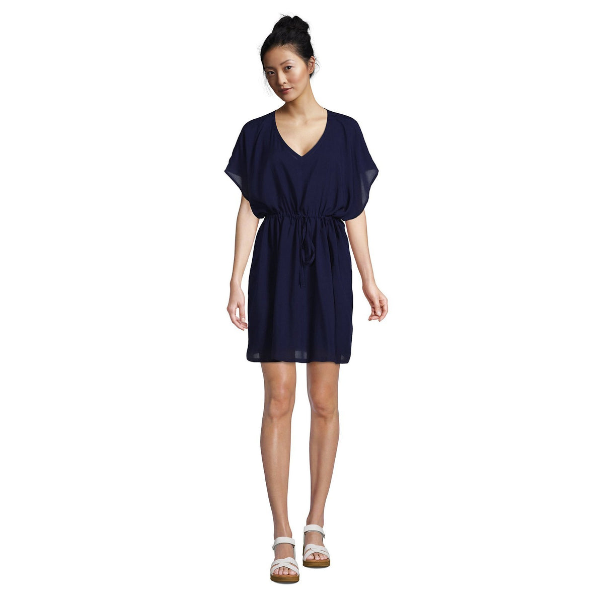 Lands End Women's M-L Deep Sea Navy Sheer Short Sleeve Gathered Waist Swim Dress