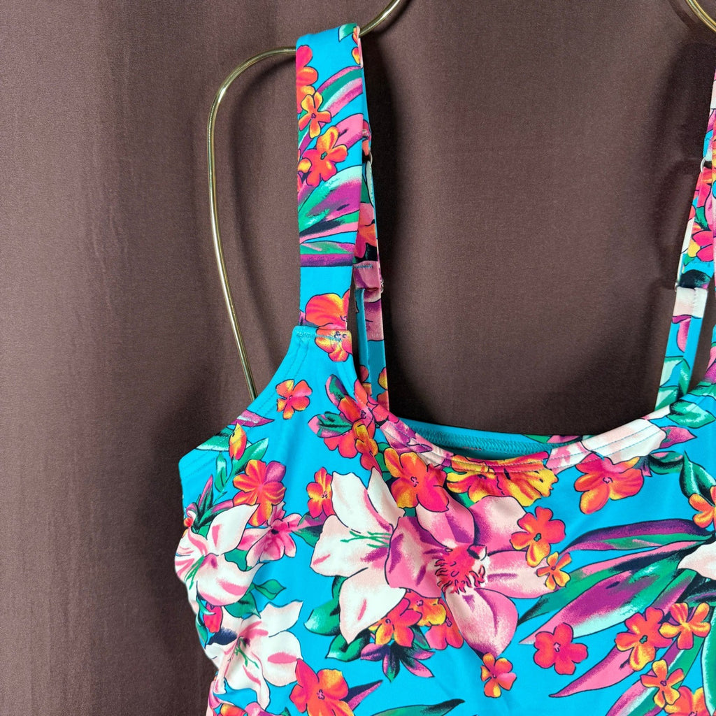 Lands' End Women's S Flutter Scoop Neck Tankini Top Turquoise Lily Palm