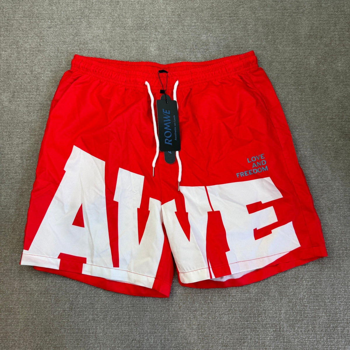 NWT Romwe Men's L Red Prep Drawstring Waist Letter Print Basketball Shorts