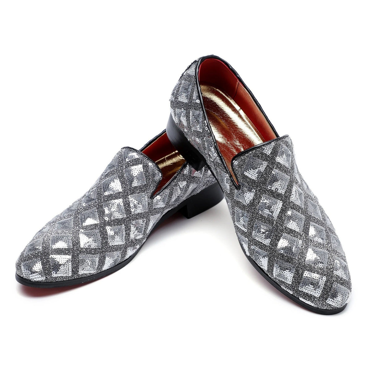 Santimon Mens US 12 Silver Paillette Glitter Smoking Slip On Loafers Dress Shoes
