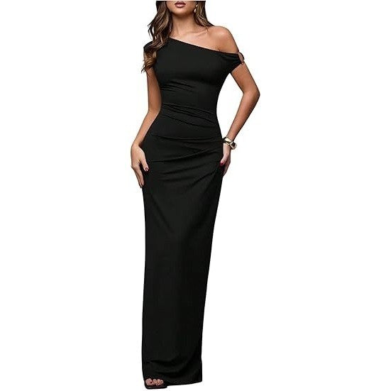 MSRP $65 Verdusa Women's M Black Off The Shoulder Maxi Dress Asymmetrical Ruch