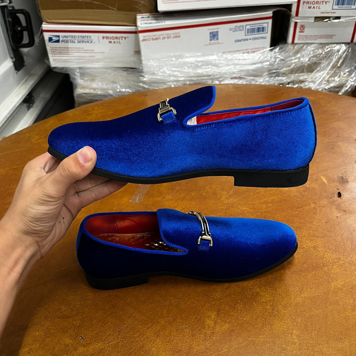 Santimon Men's US 6.5 - 12 Blue Velvet Loafers Horsebit Buckle Moccasin Shoes