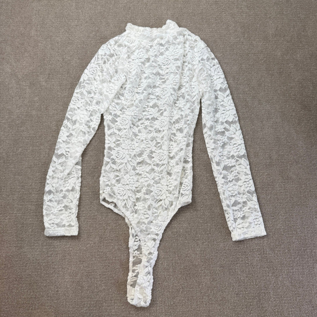MSRP $33 RARITYUS Women's S See Through Floral Lace Long Sleeve Bodysuit Sexy