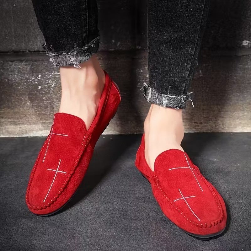 Men's US 8 Red Suede Moccasins Slip On Flat Loafers Casual Dress Shoes