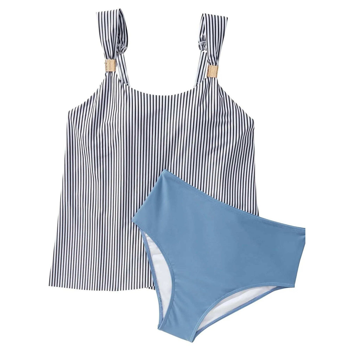 MSRP $47 SUUKSESS Women Blue Striped M Ruffle High Waisted Tankini Swimsuit