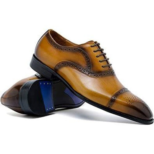 Santimon Men's US 6.5 Tan Brogue Pointed Toe Oxford Lace Up Dress Shoes