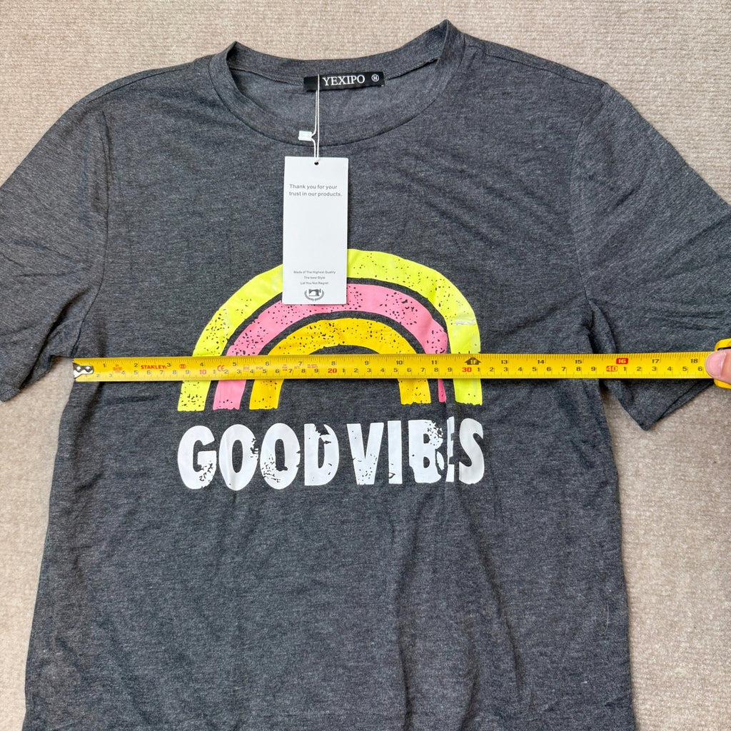 YEXIPO Women's M Good Vibes Graphic T-Shirt Short Sleeve Crew Neck Loose Fit Te
