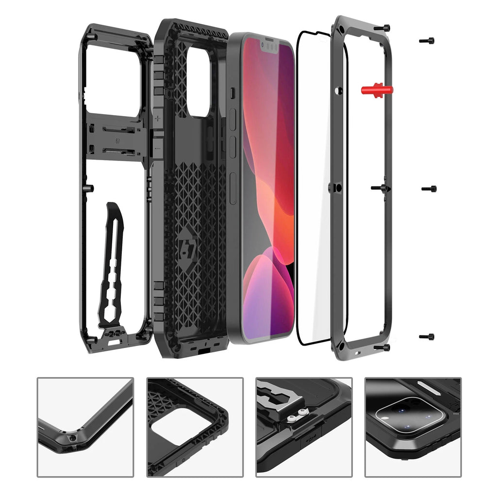 Aluminium Shockproof Case for iPhone 12–14 Pro / Pro Max Built-in Tempered Glass