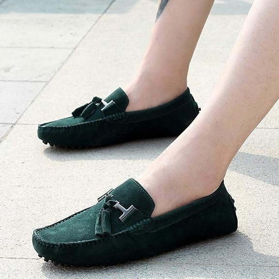 Santimon Men's US 9 Green Suede Tassels Slip-On Loafers Casual Dress Shoes
