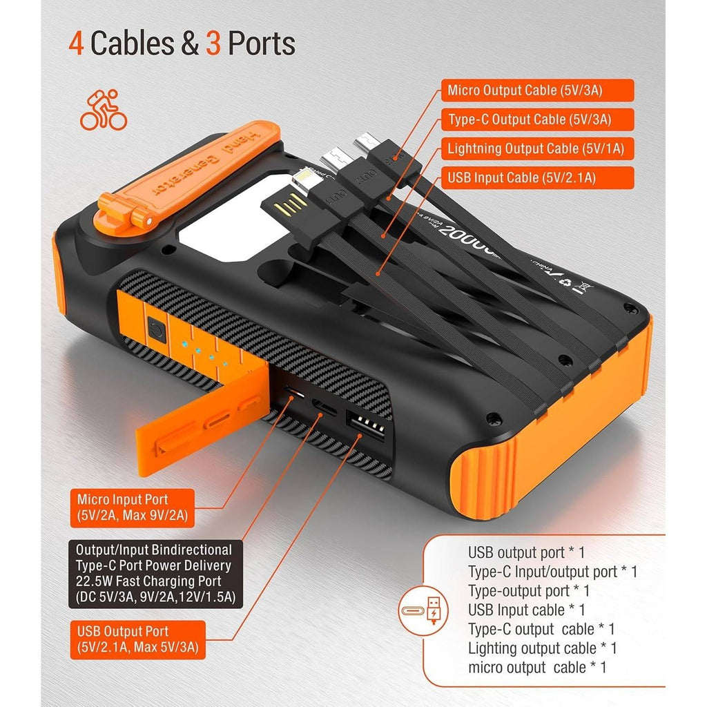 Solar Power Bank 20000mAh Orange Built in Hand Crank 4 Cables 22.5W Fast Charge