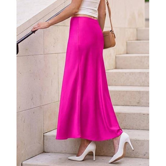 MSRP $48 TEDDIFY Women's S Hot Pink Satin Maxi Skirt High Waisted Elastic Waist