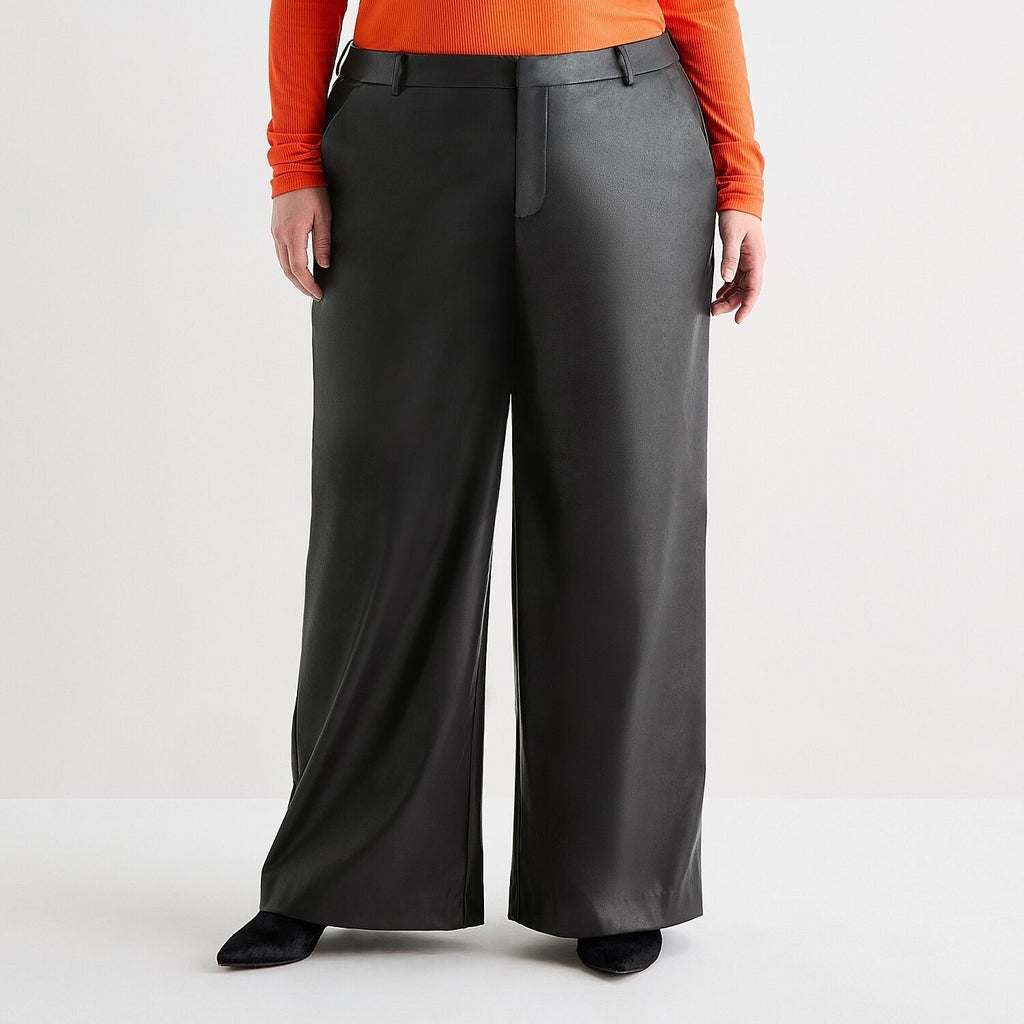 MSRP $90 Ashley Graham Womens 18W Peppercorn Black Faux Leather Trouser Straight