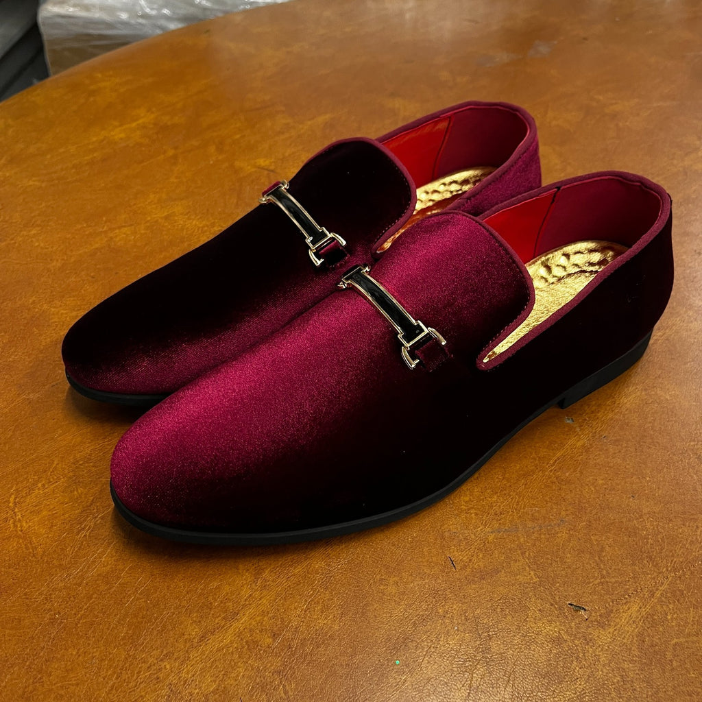 Santimon Men's US 8 - 10 Red Dress Loafers Velvet Horsebit Buckle Moccasin Shoes