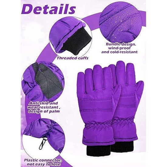 Set of 2 Boao Kids Winter Ski Gloves 5-10 Years Violet, Rose Red Waterproof Wa