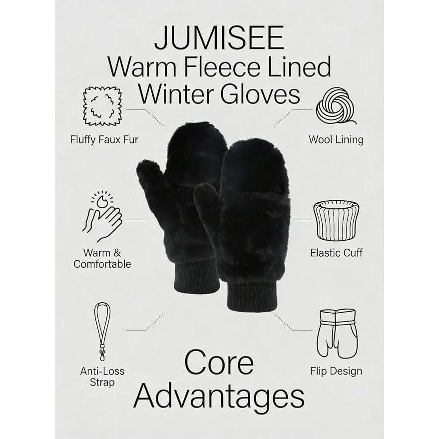 Yawolfe Women's Winter Faux Fur Flip Cover Mittens Warm Half Finger Gloves Con