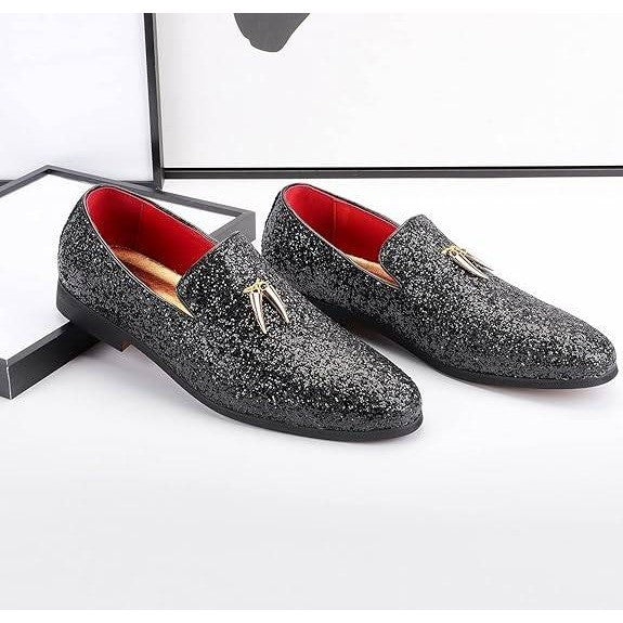 Santimon Mens US 6 Black Metal Tassels Glitter Sequin Slip On Loafers Shoes