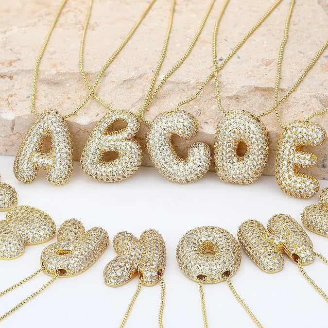 Gold Bubble Letter Women's Necklace G–W Initial Pendant, 18K Gold Plated Chunky