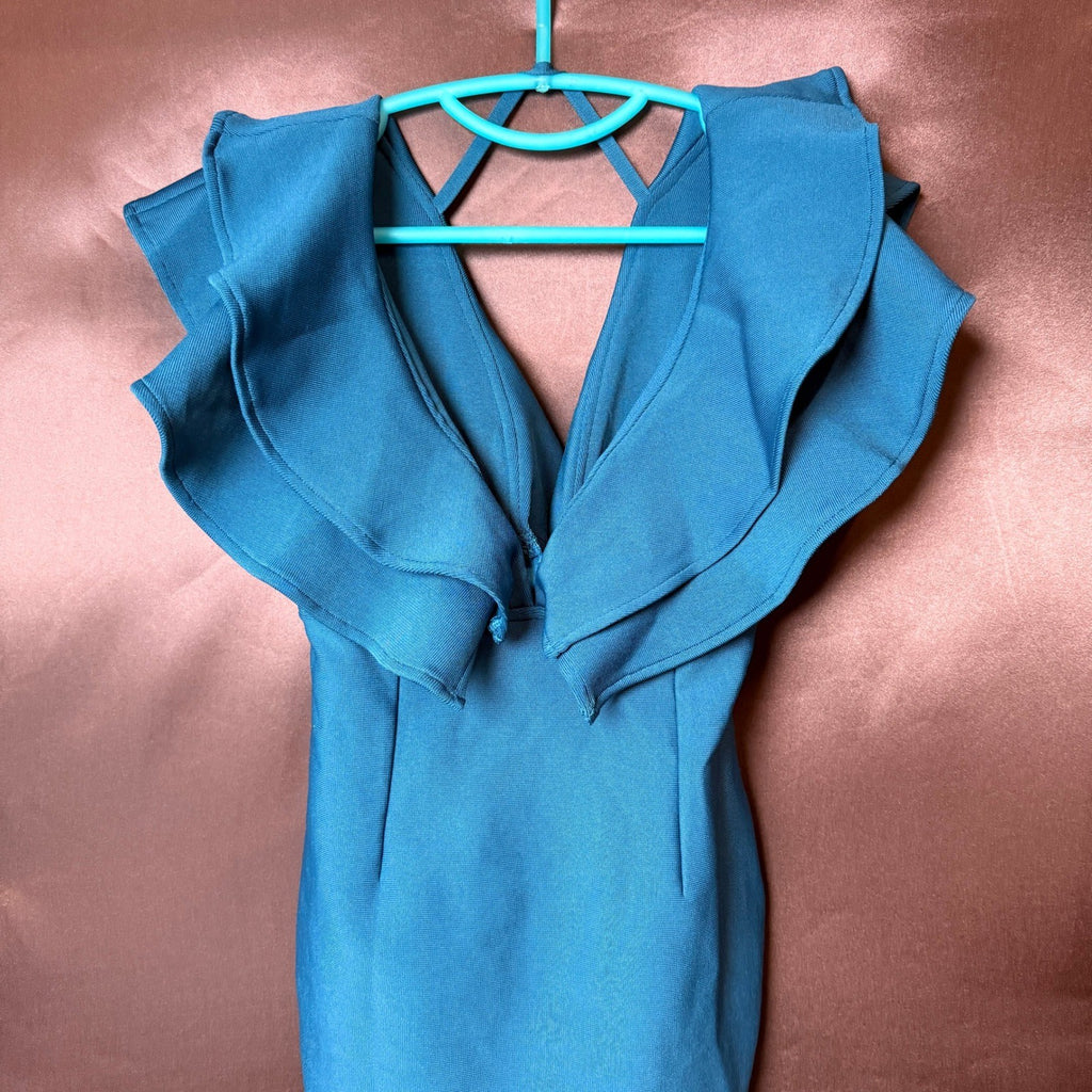 Uonbox Women's M Blue Ruffle Short Sleeve Plunge V Neck Bodycon Dress Back Spli