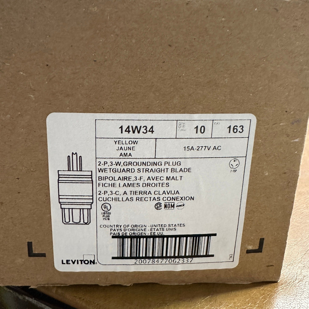 10 Pack Leviton Male Watertight Straight Blade Plug 14W34, 15A-277V, 2P3W