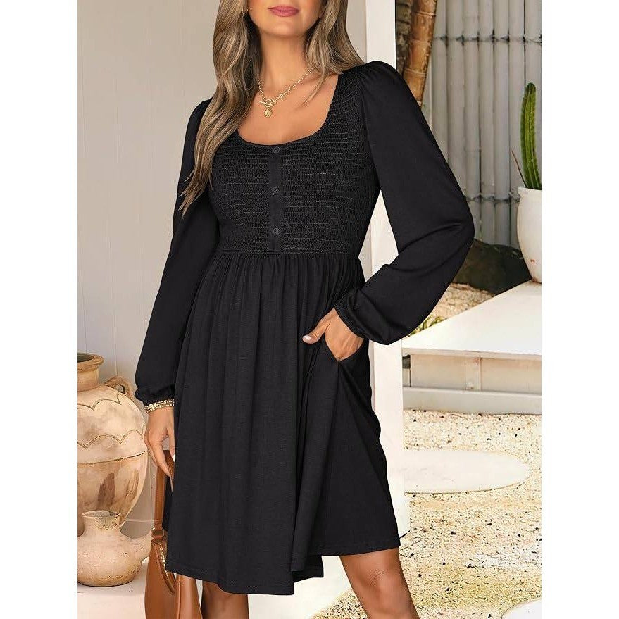 MSRP $32 ANRABESS Women's S Long Sleeve Dress Smocked High Waist Babydoll