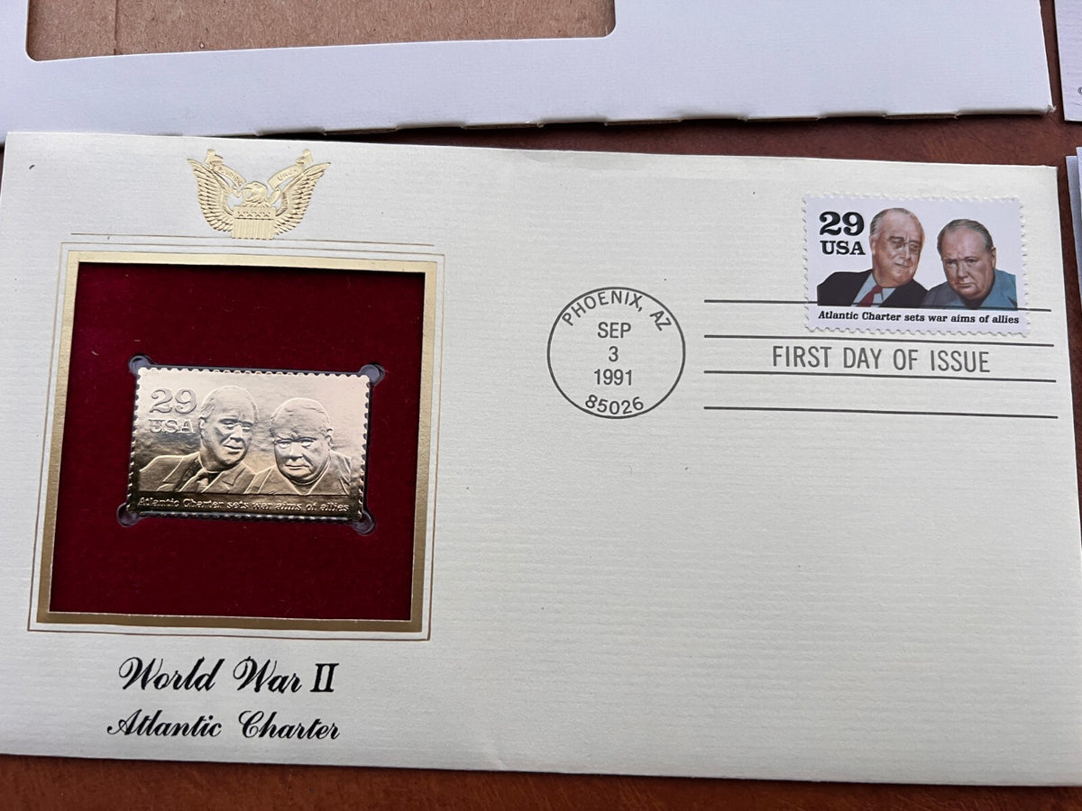 WWII Churchill Roosevelt Atlantic Charter 1st Day USPS 22KT Gold Stamp Set