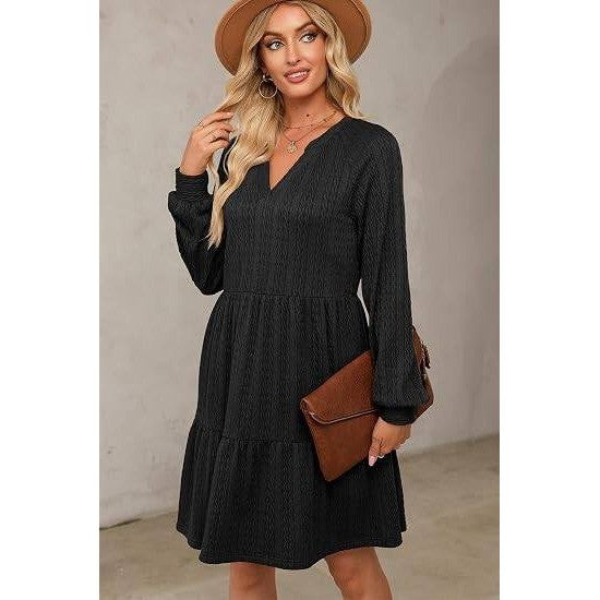 MSRP $40 Dokotoo Womens L Black Long Sleeve V Neck Textured Babydoll Fall Dress
