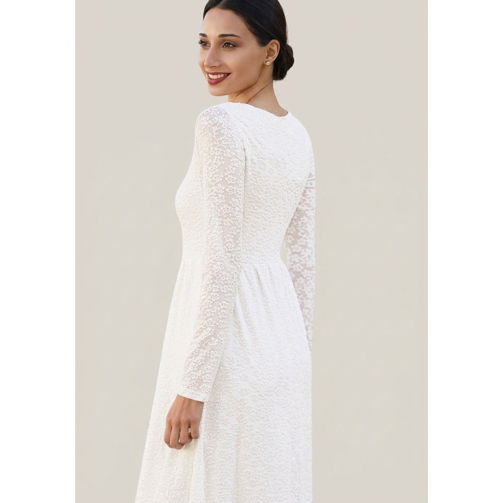 MSRP $30 MEROKEETY Women's S White Floral Midi Dress Long Sleeve Square Neck