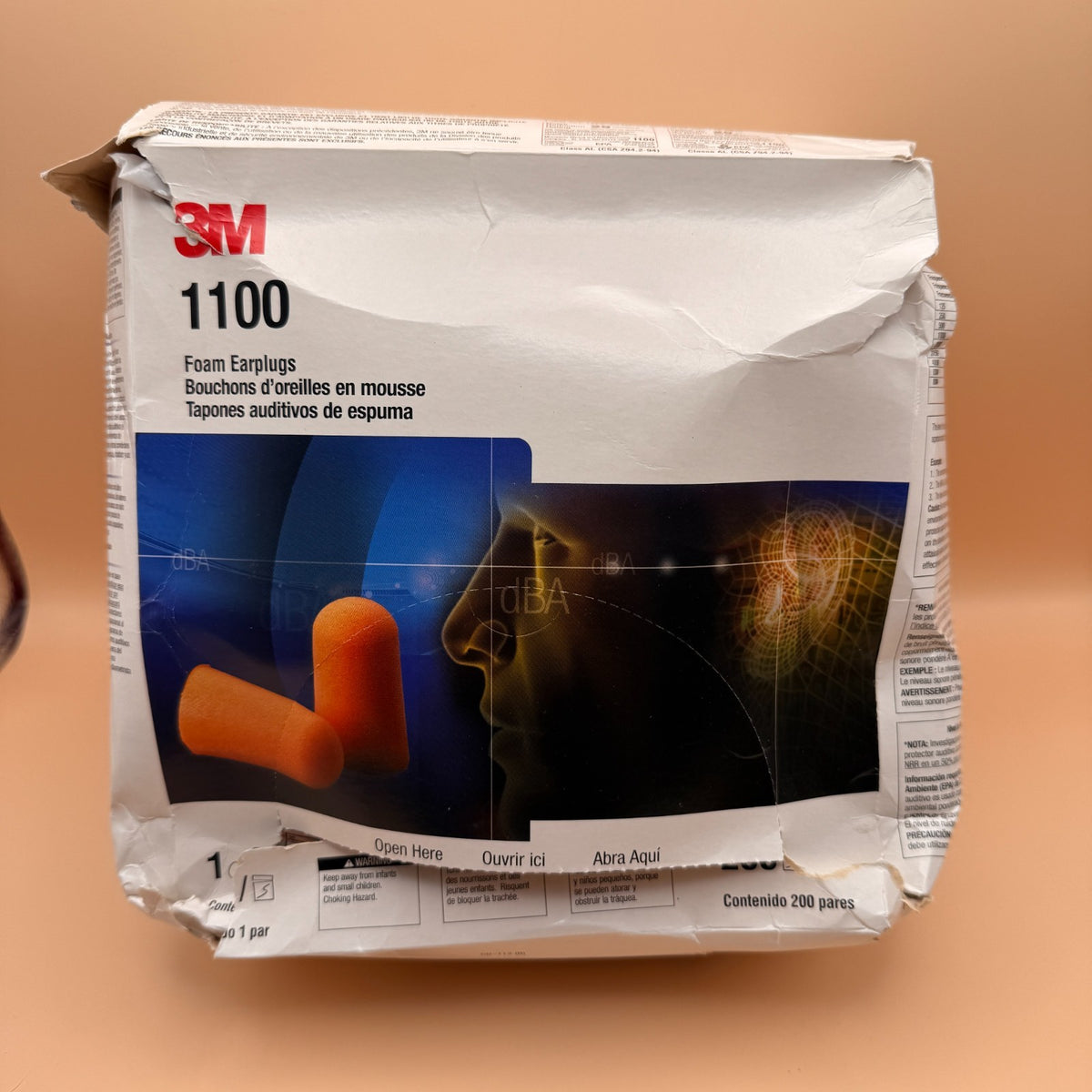 3M 1100 Foam Disposable Noise Reduction Ear Plugs, 200-Pair, DAMAGED BOX Orange