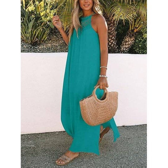 MSRP $52 FARORO Women's XL Peacock Sleeveless Long Dress Boho Halter Maxi