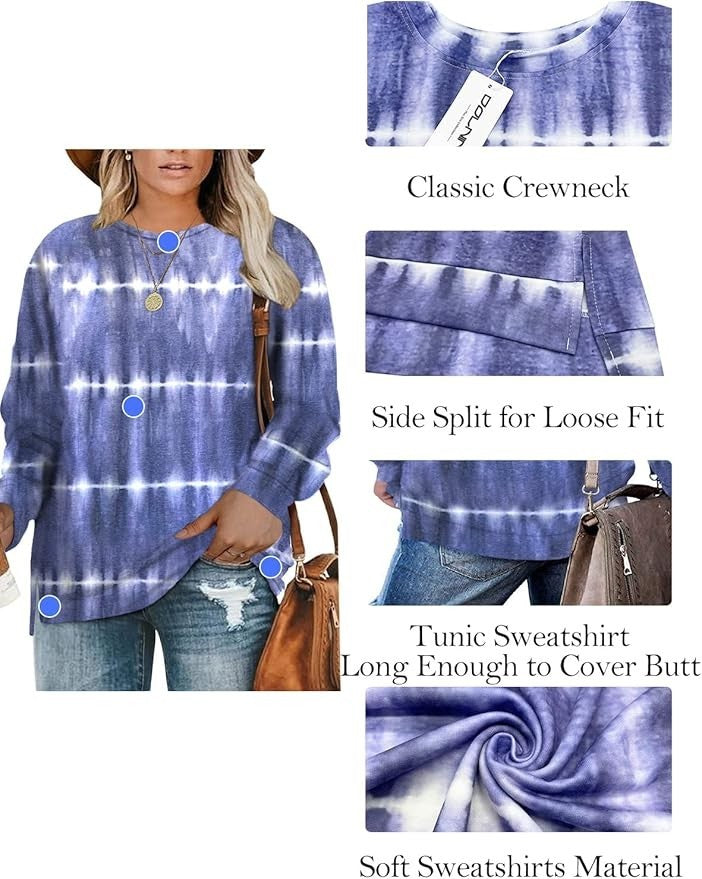 DOLNINE Plus-Size Women's 14W-18W Casual Sweatshirt Top Side Slit Pullover Shirt