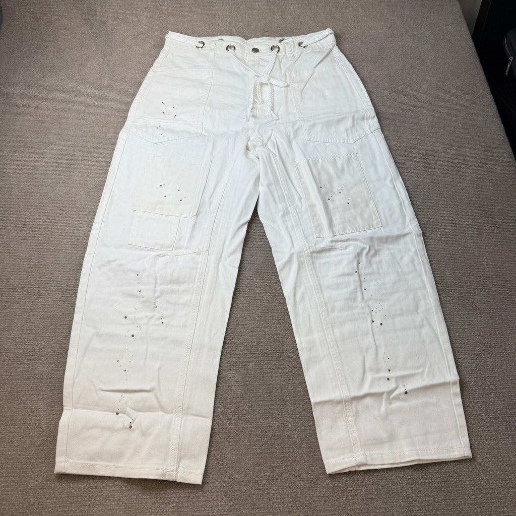 PLNOTME Womens 8 White Baggy Barrel Horseshoe Jeans Wide Leg Patchwork