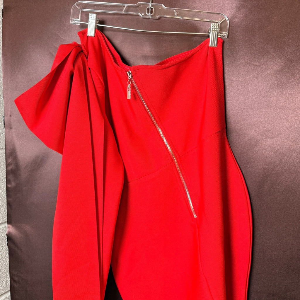 UONBOX Women's XL Red One Shoulder Long Sleeve Bowknot Bodycon Bandage Dress