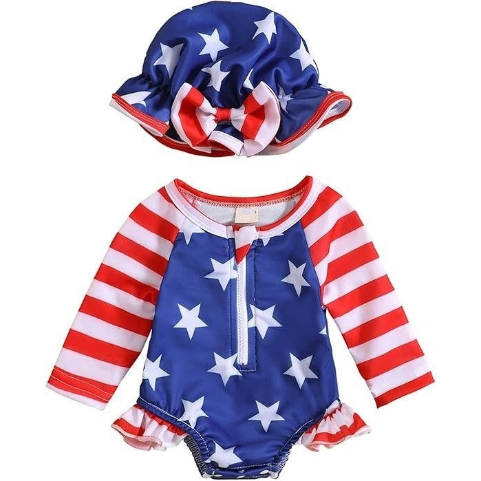 MSRP $26 Baby Girl 90 (6-12M) American Flag Long Sleeve Zipper One Piece Swimsu