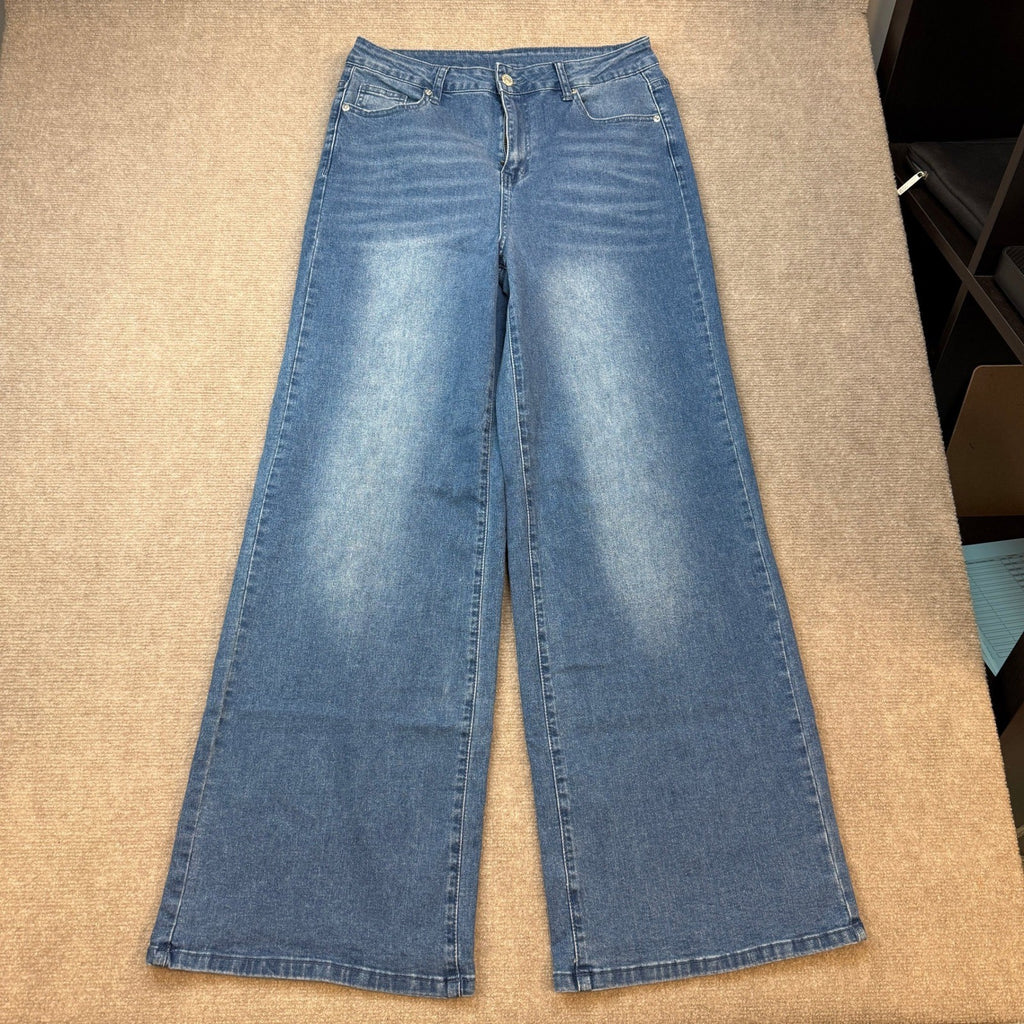 MSRP $52 GRAPENT Women's L Cool Blue Wide Leg Jeans Trendy High Waisted Stretch