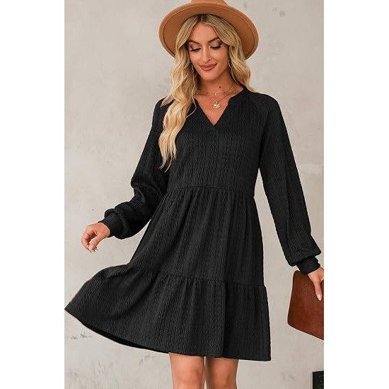 MSRP $40 Dokotoo Womens L Black Long Sleeve V Neck Textured Babydoll Fall Dress
